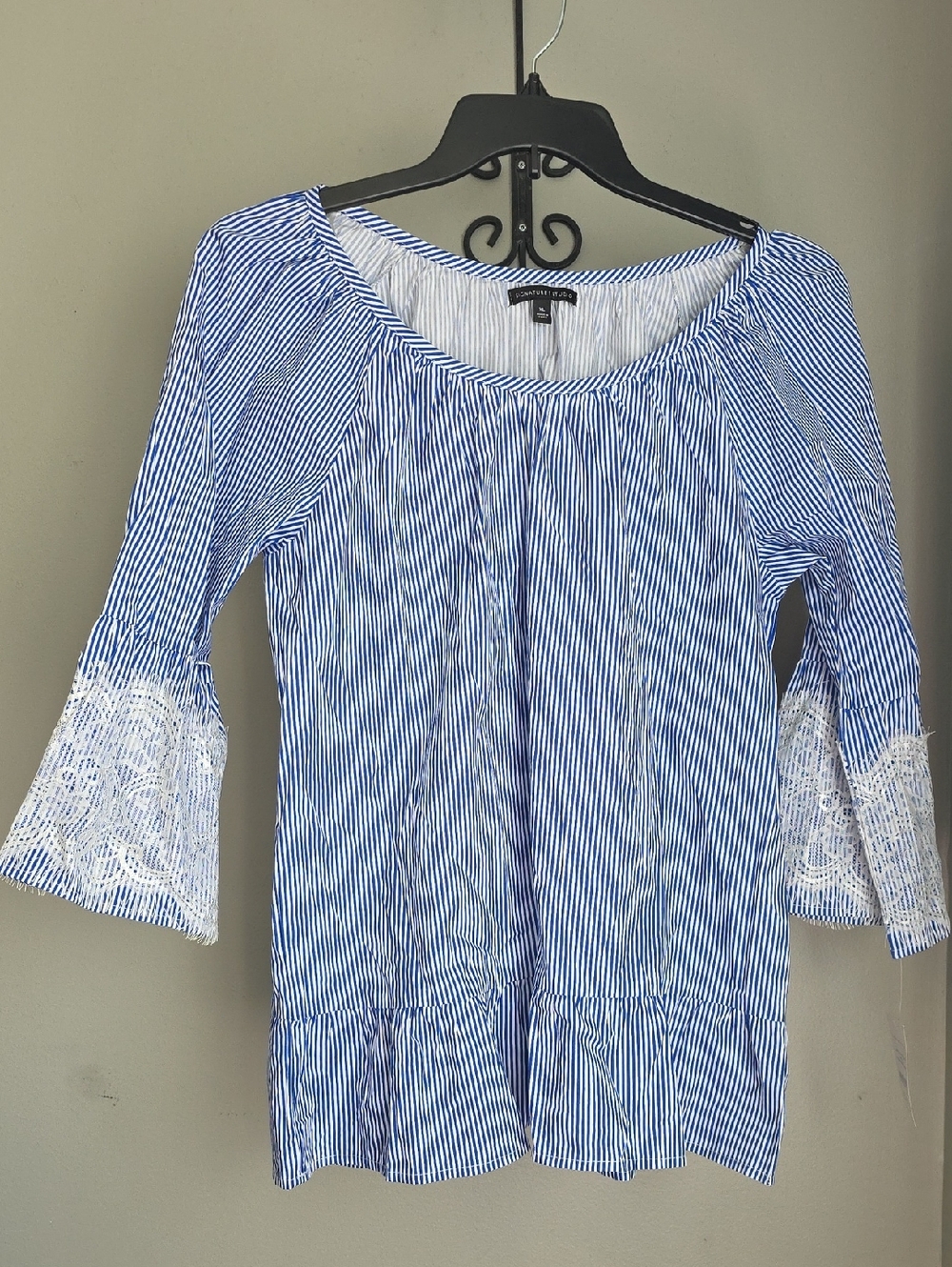 Signature Studio Blue & White Striped Lace-Trim Cotton Top Size XL NWT